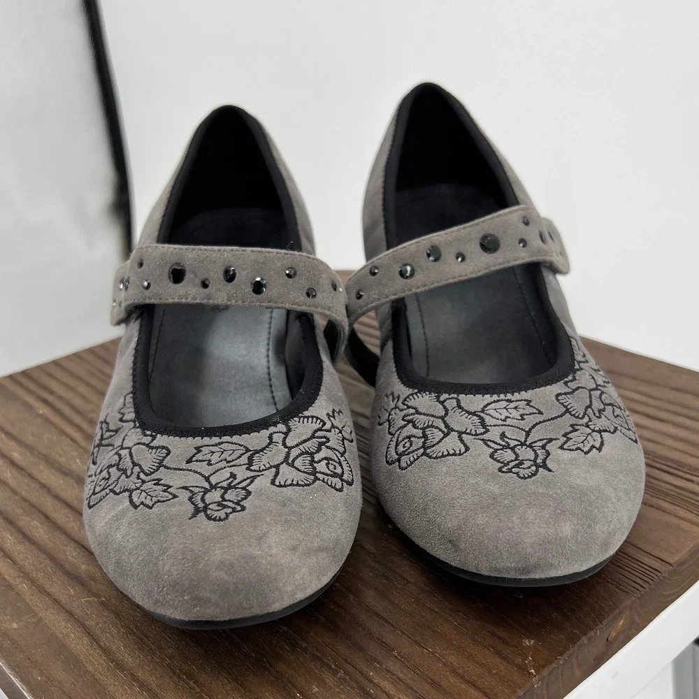 Hotter Grey Suede Floral Embroidered Mary Jane Studded Strap‎ Comfort Heels 7.5